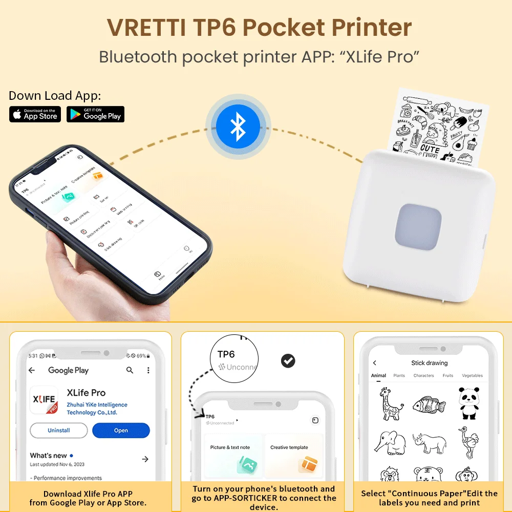 TP6 Pocket Sticker Printer - Portable Bluetooth Printer for Flashcards, Journals, Photos & Notes - Perfect Kids Gift!